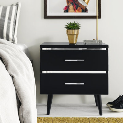 Mid-Century Side Table, 2 Drawers Storage Nightstand, Matte Chrome Handle