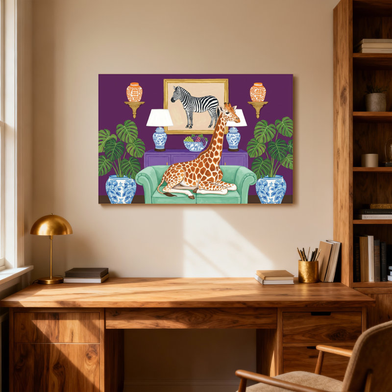 Animaux, girafe sur un canapé avec art zébré, H 12 po x l 18 po