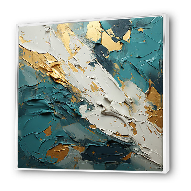 Sérénité coucher de soleil en bleu sarcelle et blanc I - Formes abstraites encadrées, H 36 po x l 36 po x P 1,5 po