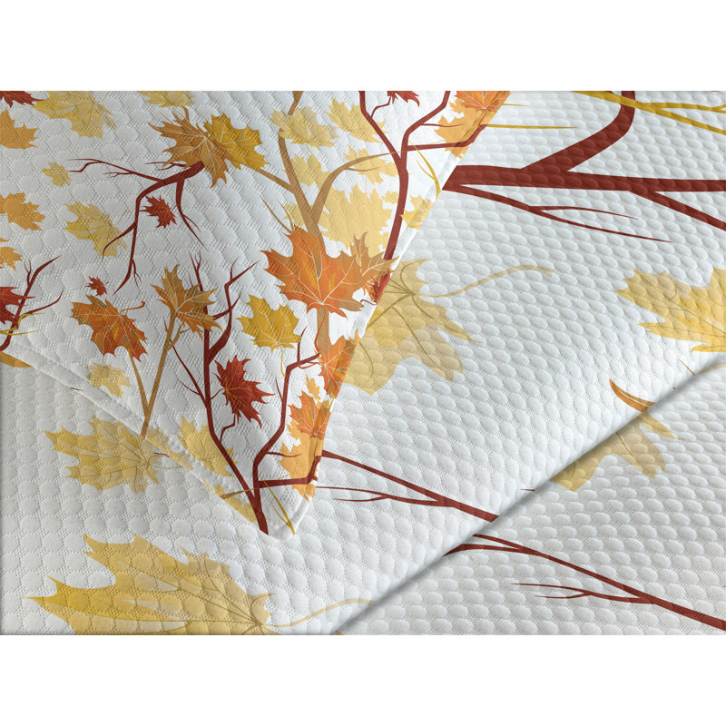 King Size White Quilted Bedspread Set with Autumn Leaves
