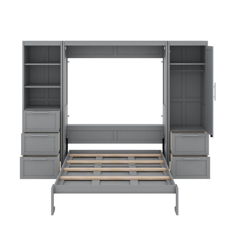 Grand lit escamotable mural avec placard, tablettes et tiroirs, Gris
