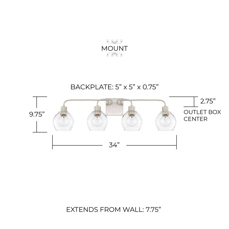 Éclairage pour meuble-lavabo à intensité variable Tanner, Nickel brossé, Transparent, 4-Light