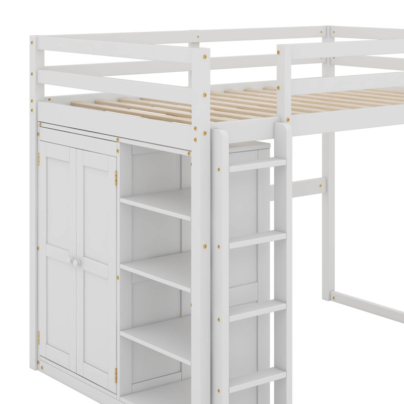 Lit mezzanine double avec garde-robe, tablettes et éclairage à DEL, Blanc