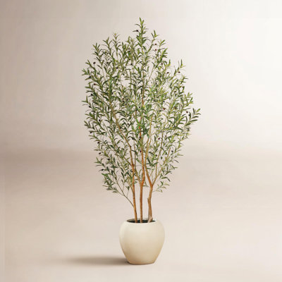 George 8ft Artificial Olive Tree with White Tall Planter, Faux Olive Tree with Natural Trunk