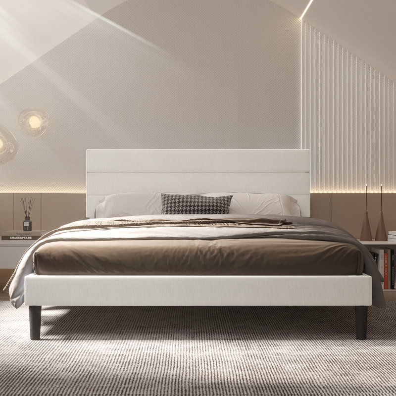 Yeleini Modern Horizontal Panel Upholstered Low Profile  Full Size Platform Bed  with Tufted Headboard, Beige, Full