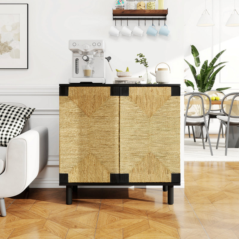 Buffet 2 portes avec tablettes réglables, armoire de rangement avec portes décoratives en algues naturelles pour le salon de la cuisine