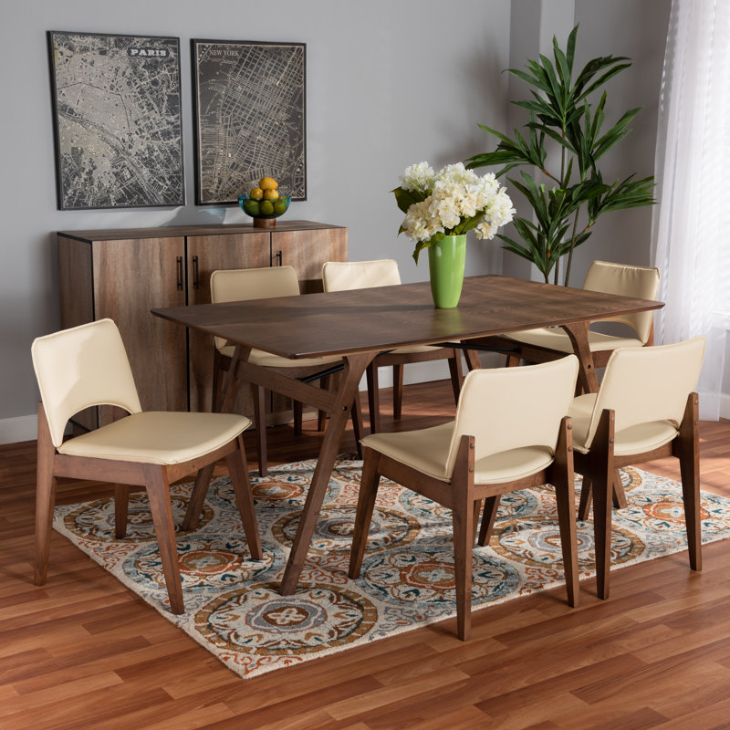 Charmica Beige Faux Leather 7-Pc Dining Set in Walnut Finished Wood, 28.3'' H X 18.7'' W X 21.5'' D, Beige/Walnut Brown