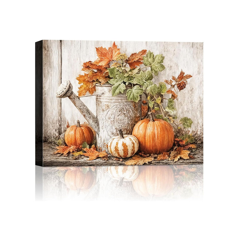 Autumn Pumpkin And Watering Can Canvas Wall Art, Rustic Fall Leaves Print Farmhouse Picture For Thanksgiving Decorations, Fall Wall Art Decor Ready To Hang