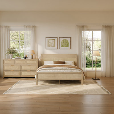 Boho Rattan 2-Piece Bedroom Set | Solid Wood Bed & 7 Drawer Dresser Storage Cabinet
