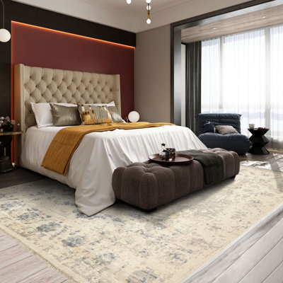 Tapis Oushak en soie de bambou, 2,69 m x 3,58 m, couleur taupe ivoire, noué à la main