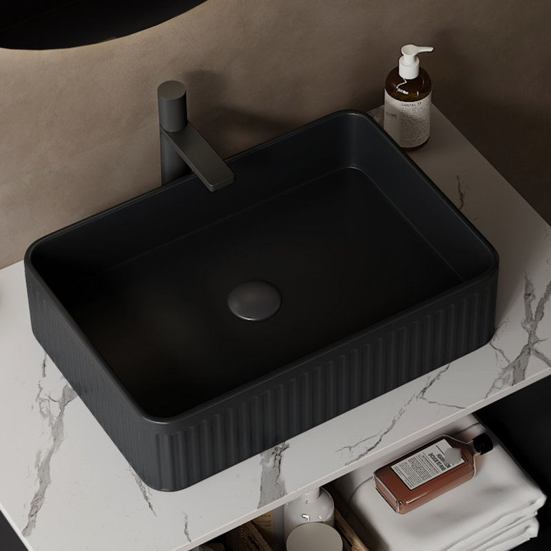 Récipient rectangulaire de 20 po en céramique noire dans la salle de bain, sans robinet, surface facile à entretenir, lavabo d'armoire sans rebords incurvés, eau immobile
