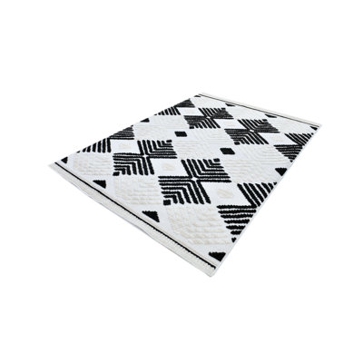 Tapis crème Tia107-10X13Soft avec tons beiges et motif bohémien noir et brun High-Low - Tia 107.