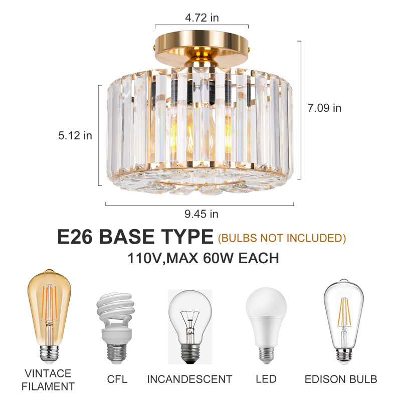 1 - Light 9.05" Crystal Semi Flush Ceiling Light Modern Crystal Gold Fixture for Living Room Hallway Bedroom, Gold