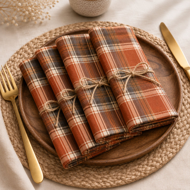 Serviettes de table en tissu écossais rouille orange 20 po x 20 po, ensemble de 4 pour l'Action de grâce, la table de Noël