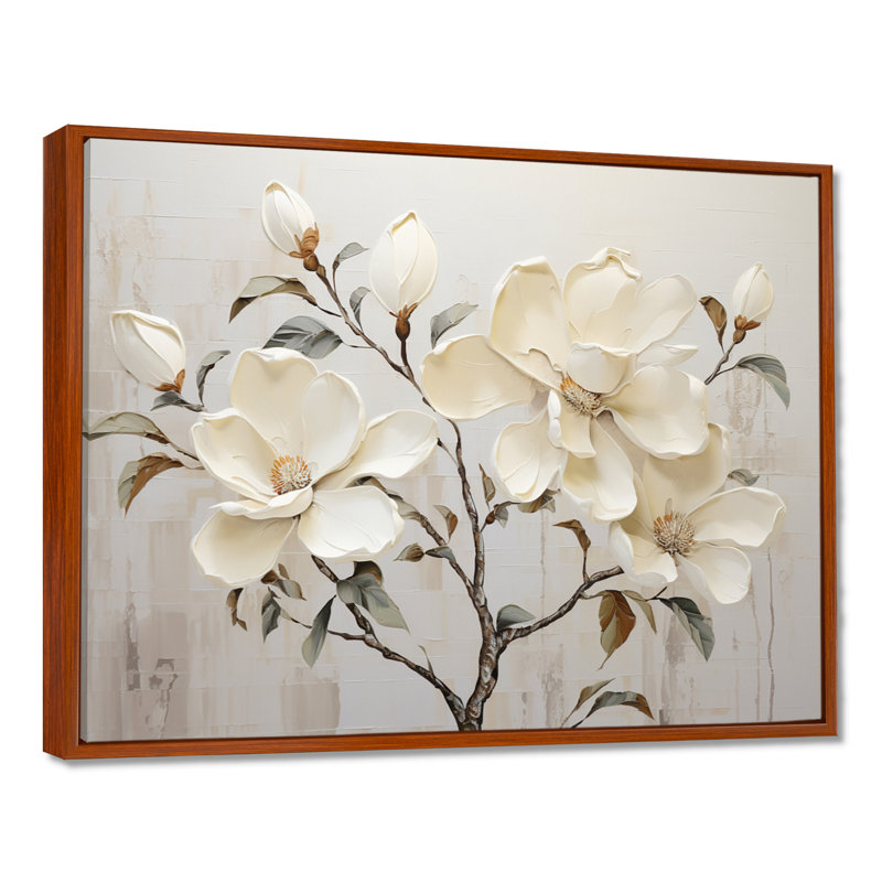 Fleur de magnolia beige et vert - art mural Magnolias, H 16 po x l 32 po x P 1 po, Cadre flottant brun