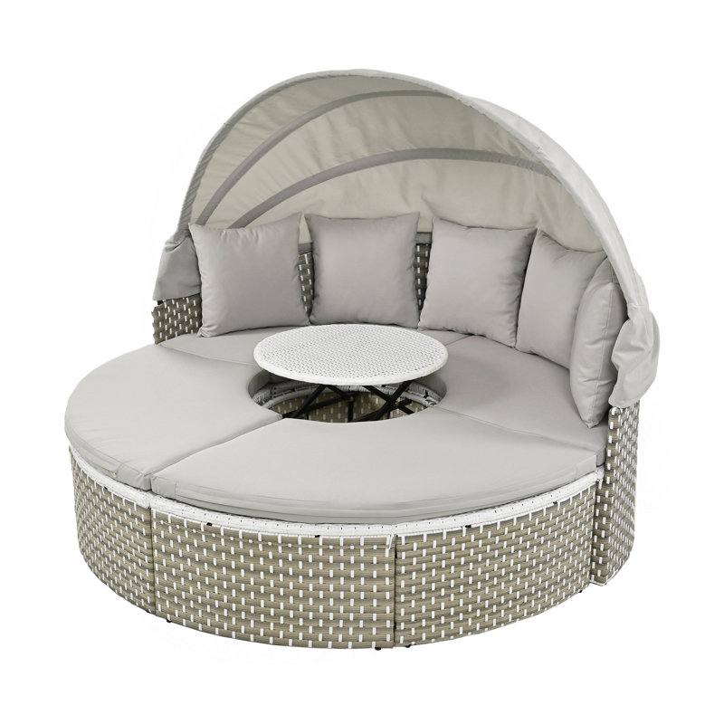 Patio Furniture Round Outdoor Sectional Sofa Set Rattan Daybed Two-Tone Weave Sunbed With Retractable Canopy, Separate Seating And Removable Cushion
