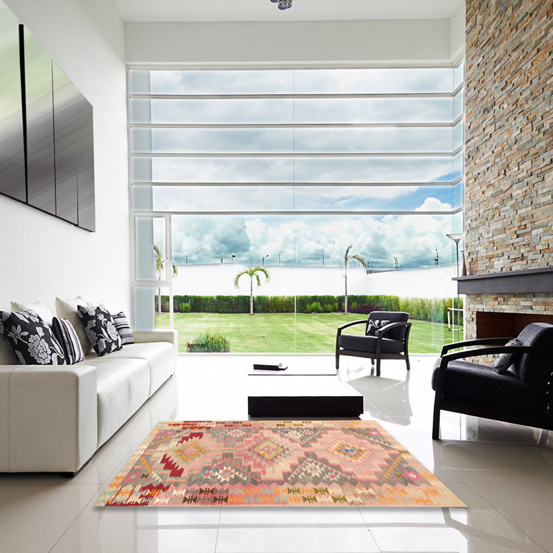 Tapis contemporain ivoire / orange / rouge, Carré 6 pi