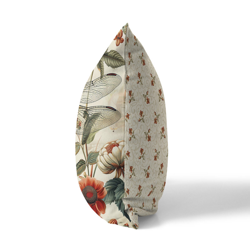 Coussin décoratif intérieur / extérieur Dragonfly Fairytale, H 16 po x l 16 po, Rouge / Beige