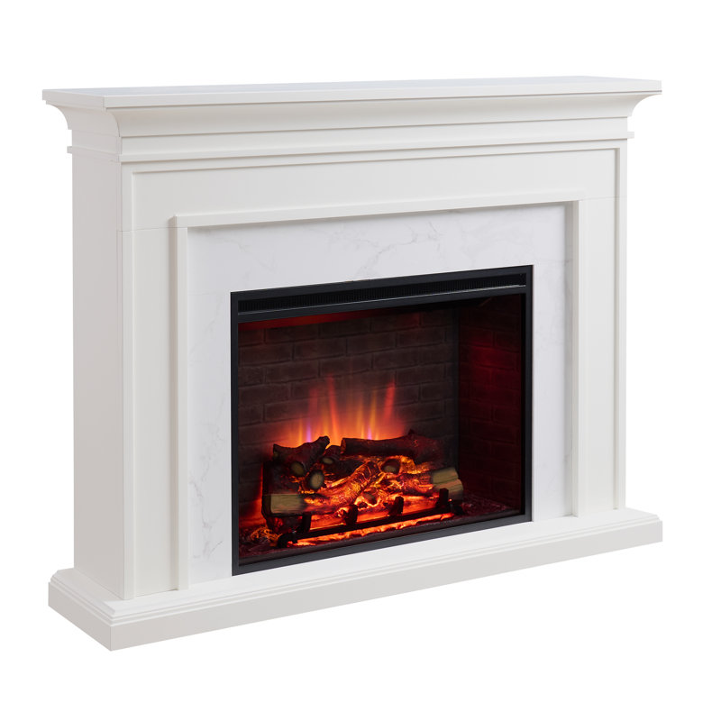 Foyer électrique encastrable 33 po avec cadre de cheminée 60 po Puraflame, blanc crème avec placage de marbre gris clair, 750 W / 1 500 W, flamme réglable, bruit de craquement du feu, télécommande