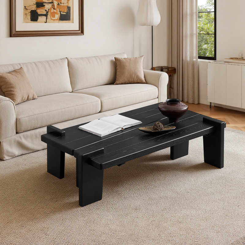 Solid Ash Wood Coffee Table, Minimalist Medieval Style, Natural Wood Grain, Black