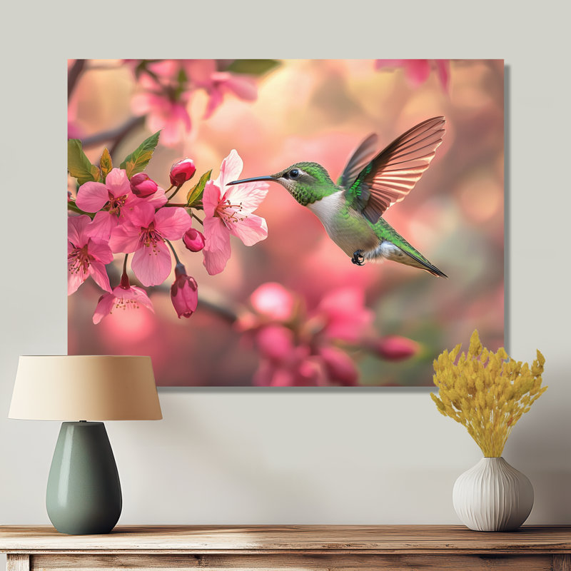Colibri et fleurs - oiseau, art mural, H 30 po x l 40 po, Toile tendue, Ne s’applique pas