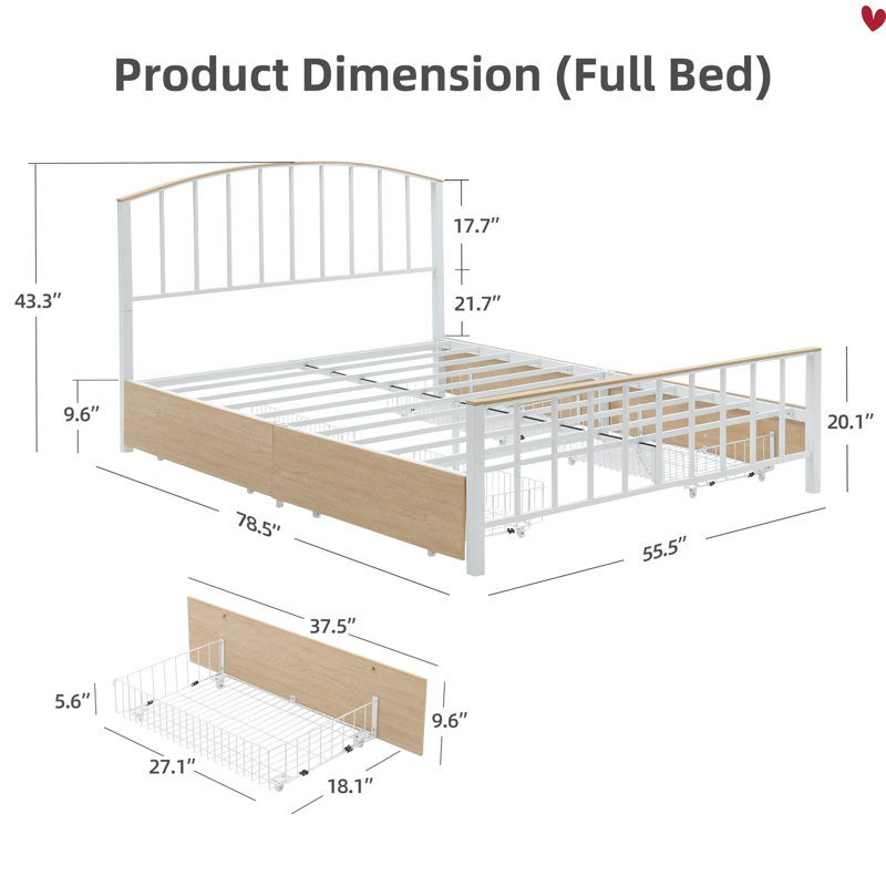 Lit plateforme double / grand en métal avec tête de lit et 4 tiroirs, lit de rangement en chêne pour adultes, petites pièces
