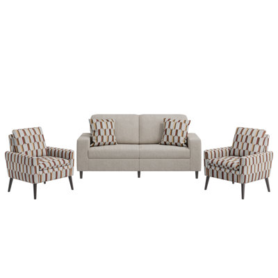 Wilmington Mid-Century Modern Small Space Living Room Set With Sofa And Curved Arm Accent Chairs