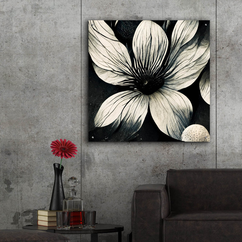 «Flowers Flowers Black White 5» par Ray Heere, art mural en verre acrylique, H 36 po x l 36 po x P 0,2 po