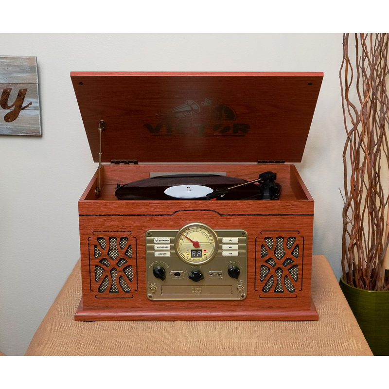 Centre musical 7-en-1 avec tourne-disque Bluetooth et vinyle, Acajou
