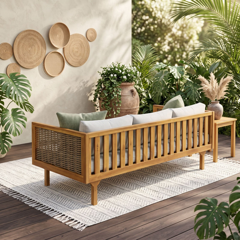 Canapé de patio 3 places avec structure en bois d'acacia, accoudoirs en rotin et coussins résistants à l'eau, LightGray
