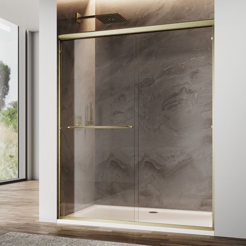 Portes coulissantes doubles 54 po x 72 po avec porte-serviettes à poignée double et verre trempé 1/4 po, doré, Doré