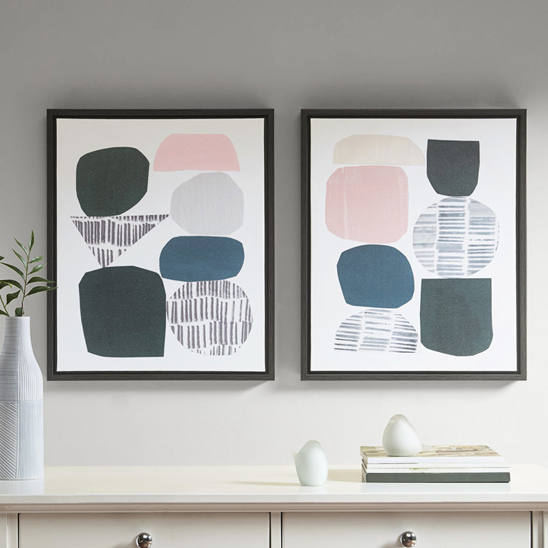 Ensemble de 2 toiles encadrées en gelcoat - Style géométrique abstrait pour mur de chambre à coucher