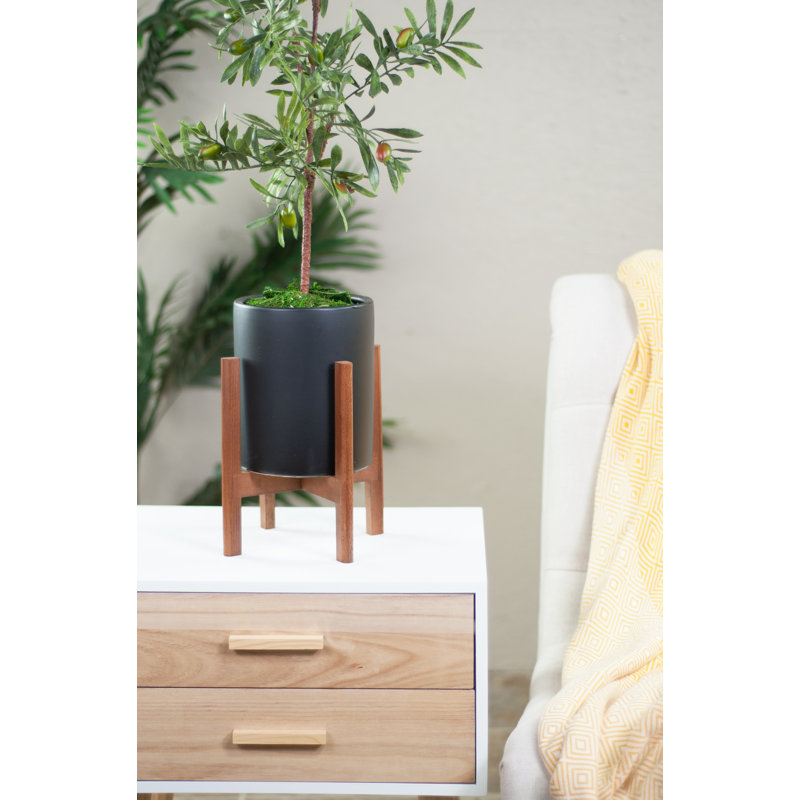 Jardinière en céramique Baraka, H 9 po x l 6,7 po x P 6,7 po (support inclus), Noir / Noyer