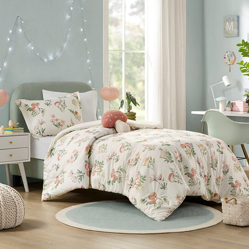 Microfiber Comforter Full/Queen, Mushroom Print, Full/Queen Bedding With Decor, Microfiber, Machine Cleanable