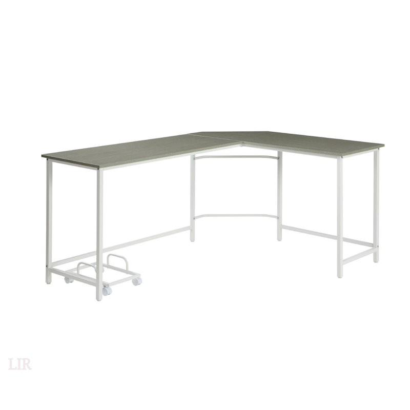 Bureau d'ordinateur rectangulaire en forme de L avec un design peu encombrant, un bord biseauté et un support d'ordinateur portable pour les espaces de travail modernes.
