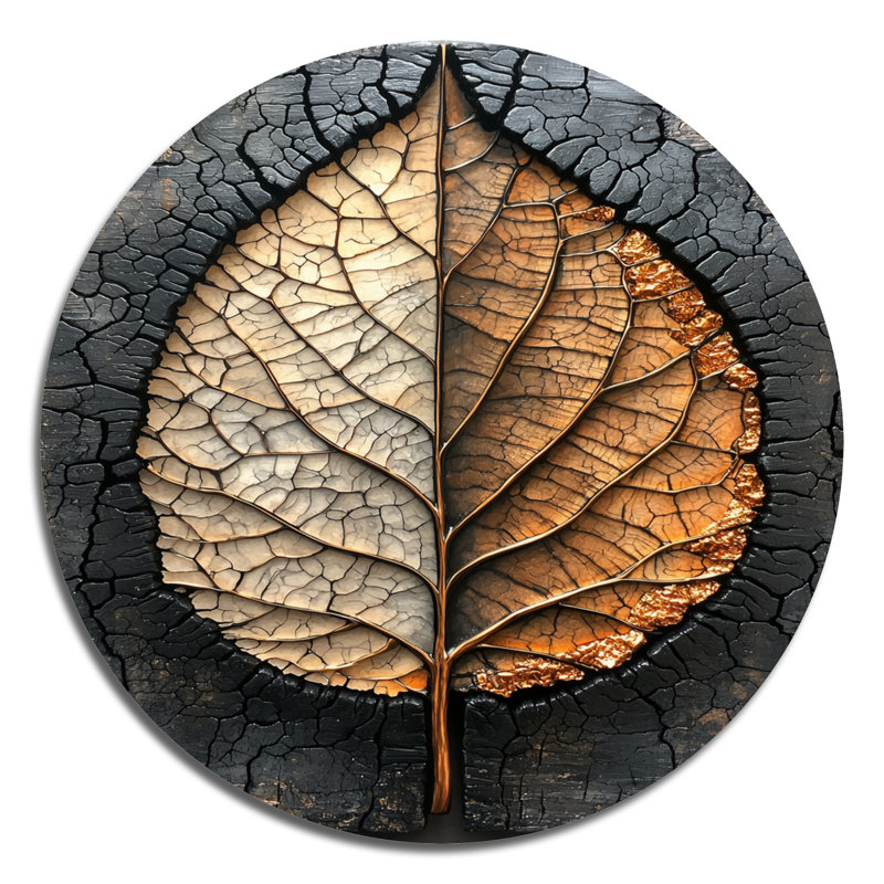 Modern Dark Leaves Symetry Of Winter I - Leaves Round Metal Wall Decor, 23" H x 23" W