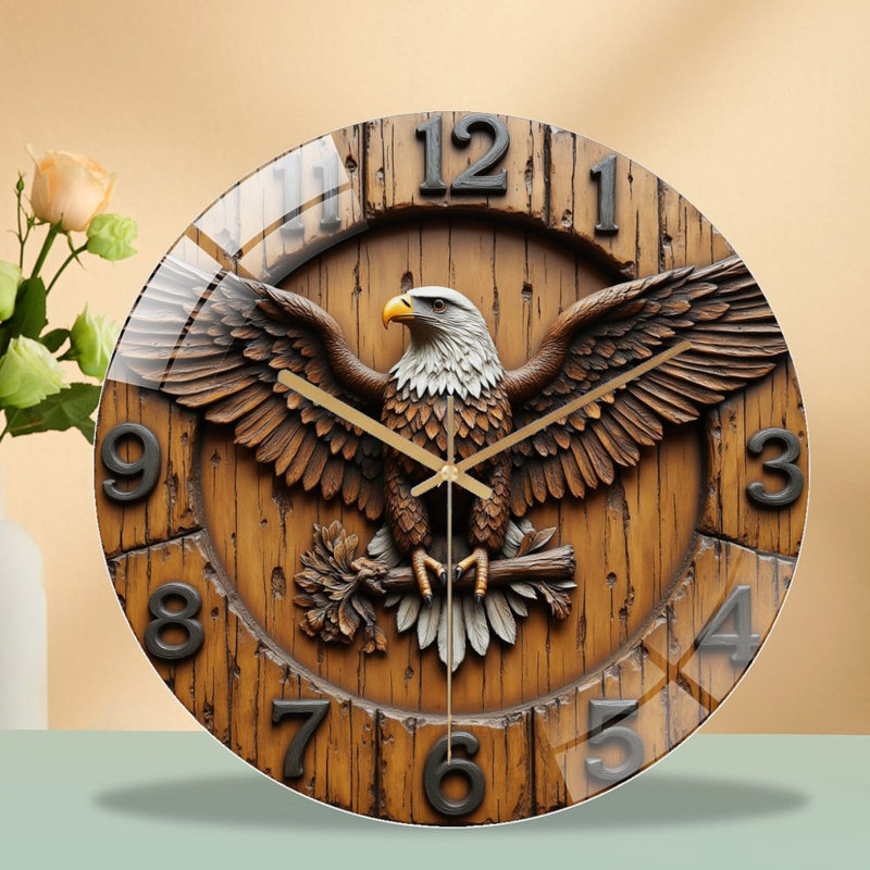 Horloge murale silencieuse en verre trempé de 30 cm, « Horloge murale en bois Aigle », sans tic-tac, fonctionne avec des piles (piles AA non comprises), décoration artistique pour la maison