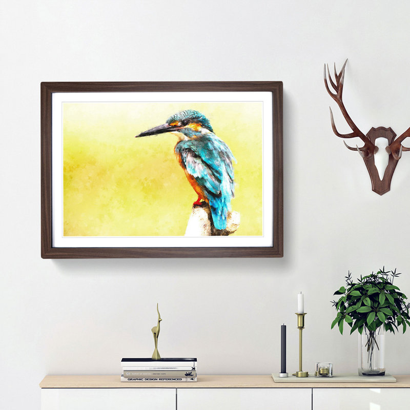 Blue Kingfisher Painting 1 Piece Single Picture Frame Wall Art on MDF, 45cm H x 33cm W x 2cm D, Oak