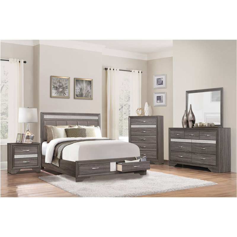 Grand lit plateforme en cuir avec rangement 4 pièces: lit, commode, miroir, table de chevet, gris
