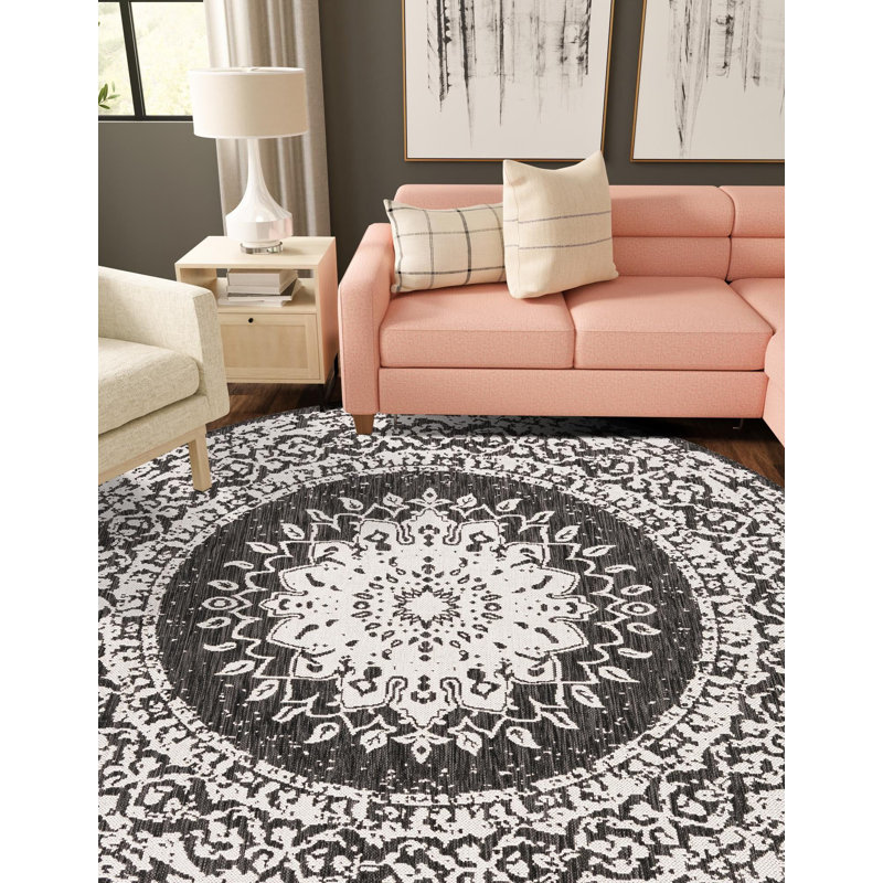 Tapis noir et blanc Contemporary Hitchens, Rond 3 pi 1 po