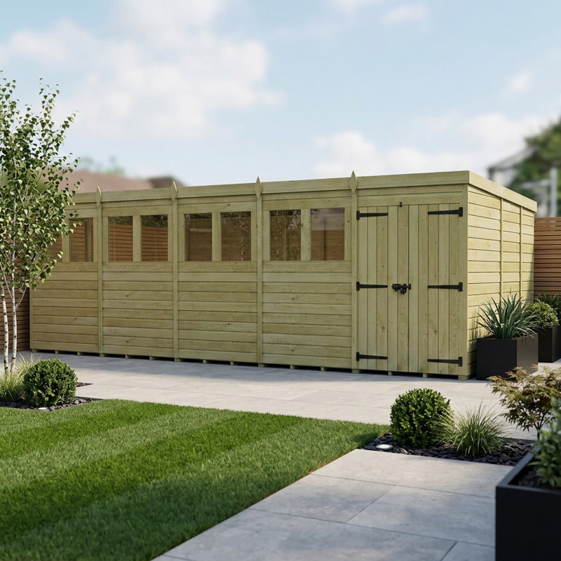 Total Sheds 20ft x 9ft Pent Garden Shed - Double Door - With Windows - Pressure Treated Timber - UK Manufactured