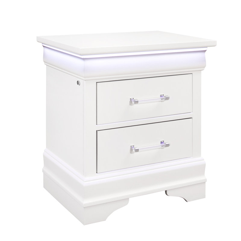 Table de chevet blanche spacieuse avec DEL - 2 tiroirs en bois massif + apparence de meuble