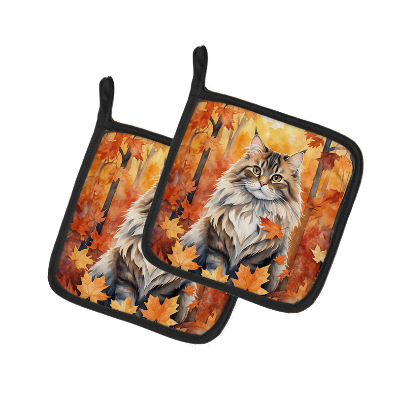Paire de supports à casserole pour chat sibérien en feuilles d'automne