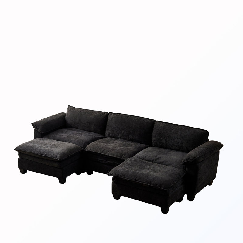U-Shaped Sectional Sofa With 2 Ottoman, Black Chenille