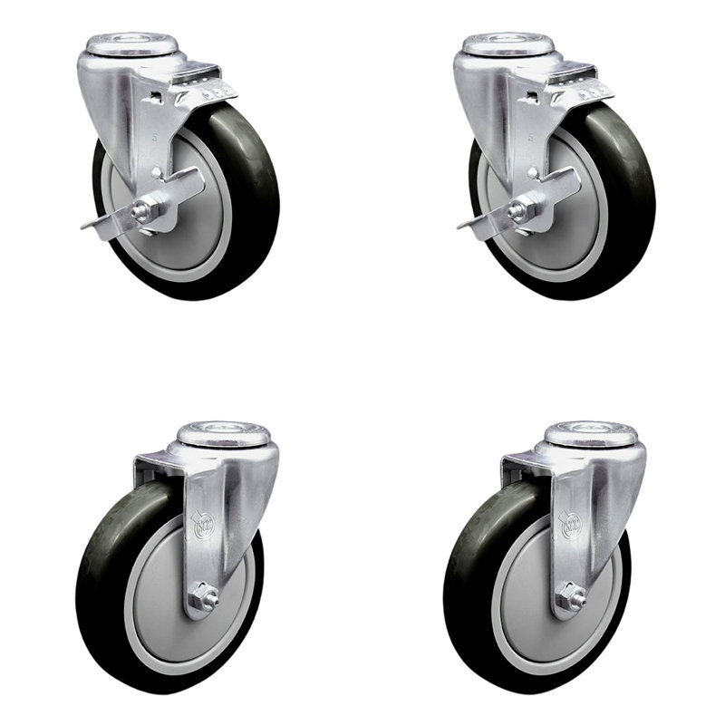 5 Inch Polyurethane Wheel Swivel Bolt Hole Caster Set with 2 Brake SCC, Noir