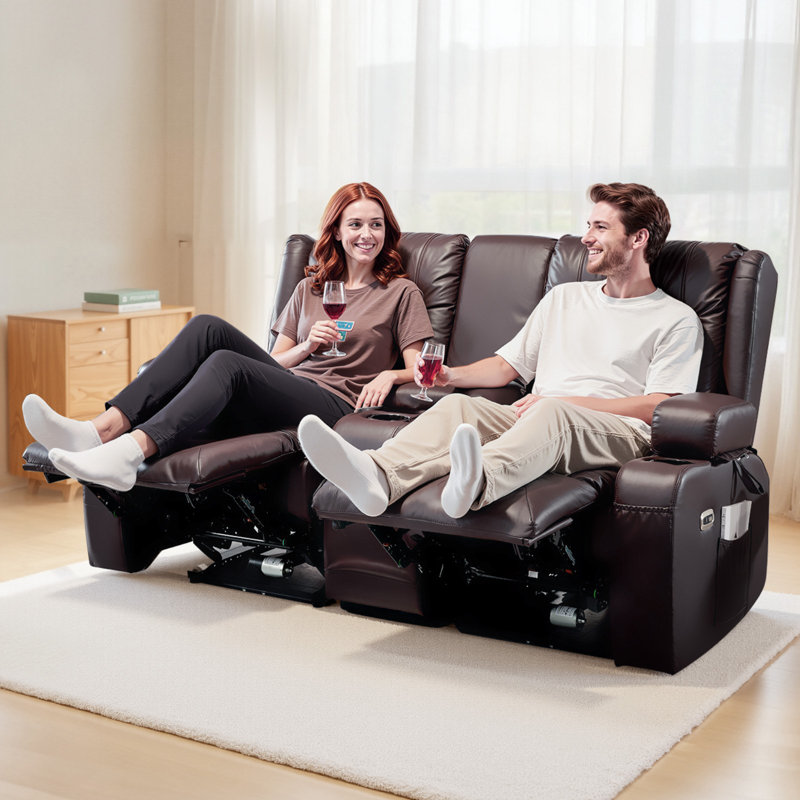 Canapé inclinable avec causeuse, canapé inclinable manuel avec console centrale, canapé inclinable en simili cuir avec ports USB, porte-gobelets et sacs de rangement, causeuse double pour le salon / véhicule récréatif, brun