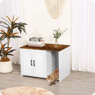 Enceinte de litière pour chat avec tapis à griffer, litière cachée pour chat 27,6 po x 18,2 po x 19,6 po, entrée avant, portes doubles, meuble de salle de bain en bois pour chat, table de bout, blanc et brun rustique