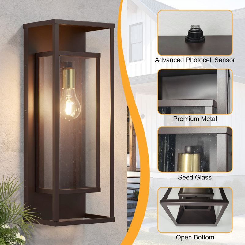 22''H Oil Rubbed Bronze Iron Seeded Glass Outdoor Wall Light with Dusk to Dawn, Oil Rubbed Bronze
