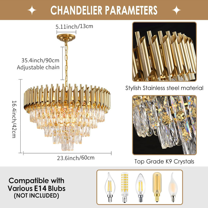 23.6" Luxury Brass Tiered Crystal Chandelier, Modern Round, E14 Base, Bulb Excluded