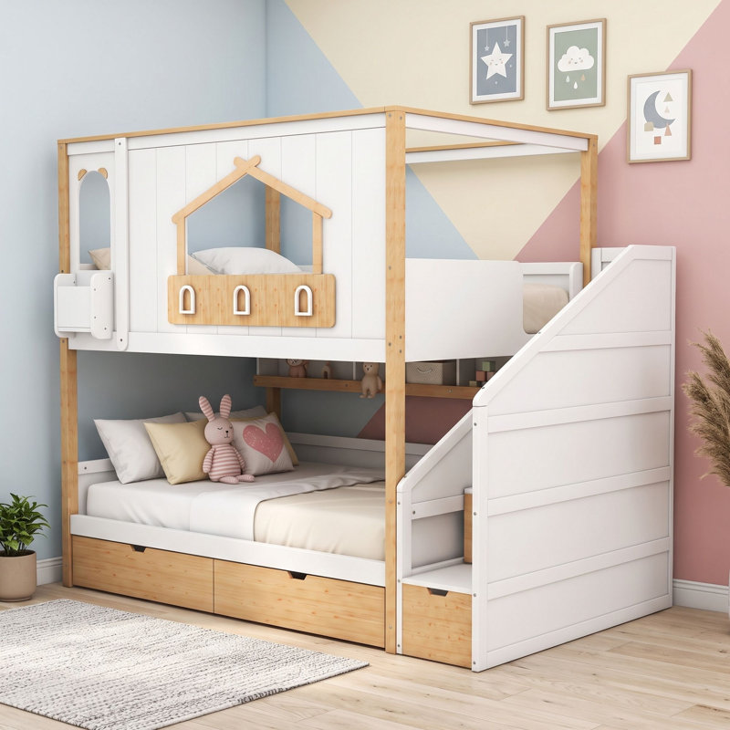 Lit superposé en bois avec escalier de rangement, deux tiroirs sous le lit et étagères ouvertes, Double sur double